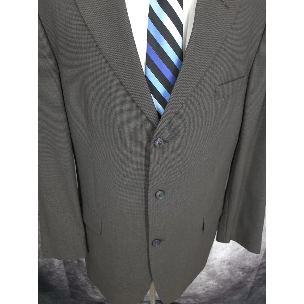 Andrew Fezza Blazer Mens 46L Brown Worsted Wool Houndstooth 3 Button Sports Coat